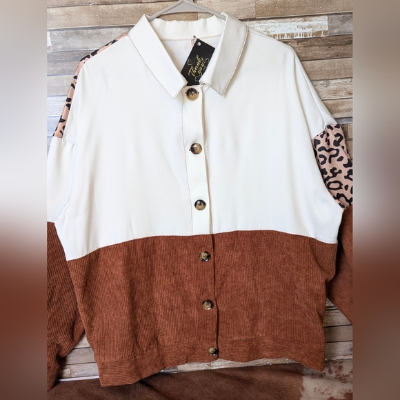 New Colorblock Corduroy Brown With White & Leopard Print Drop Shoulder Shacket - Picture 2 of 15